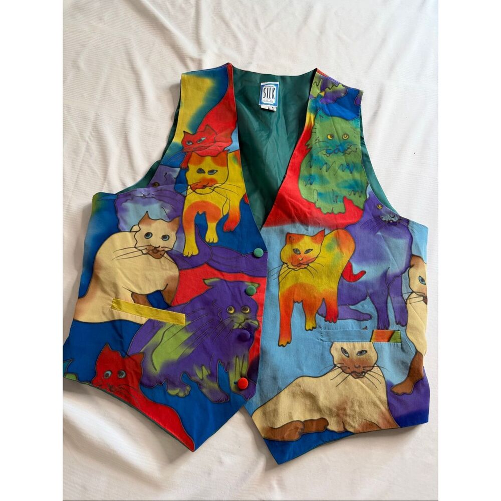 Vintage Sensual Silk Carolee Ltd Cat Print Vest L XL Colorful Novelty Art Wear